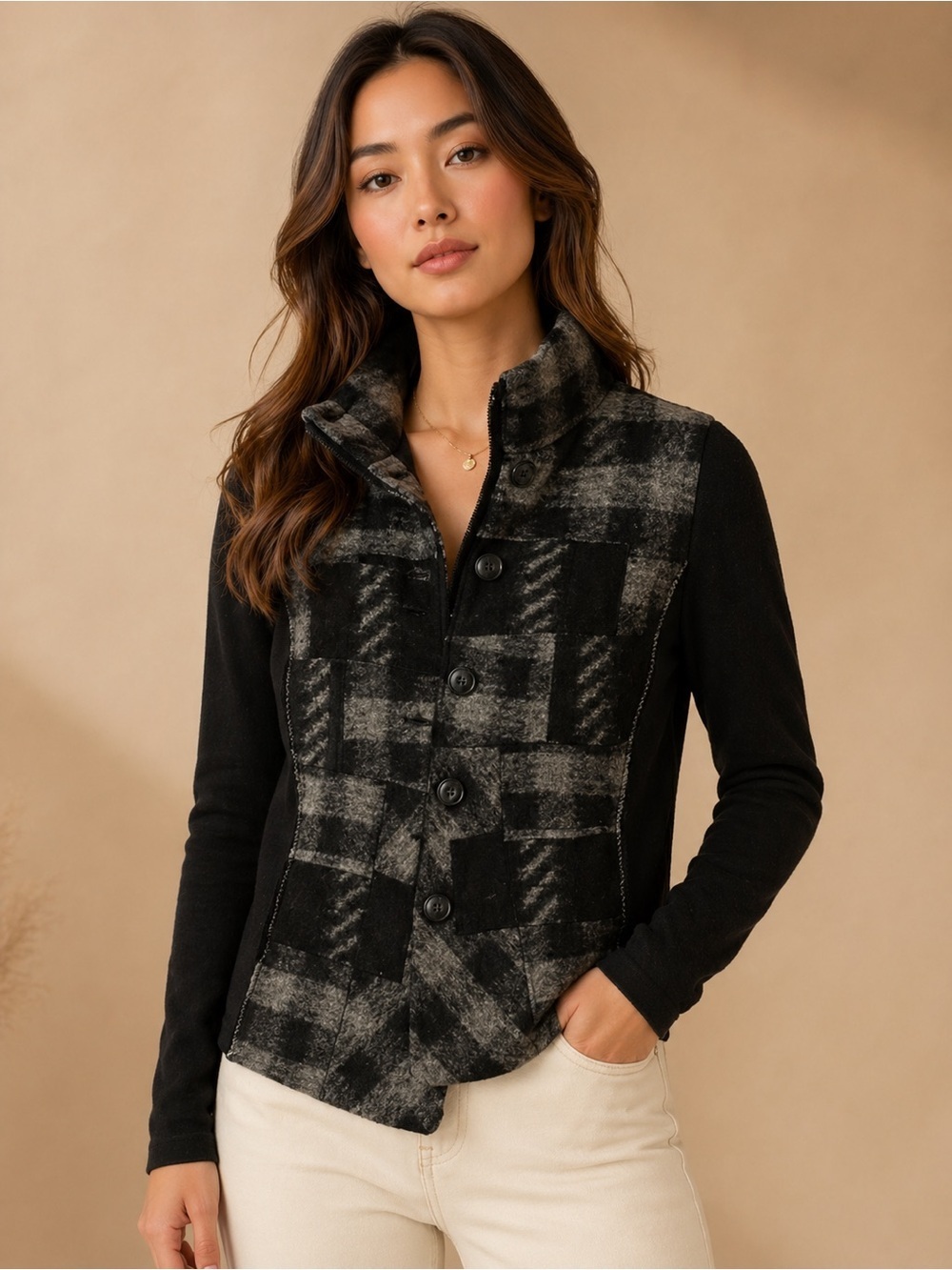 Chico’s 0 Black Gray Plaid Wool Blend Jacket Button Front Chic Layering Coat 0